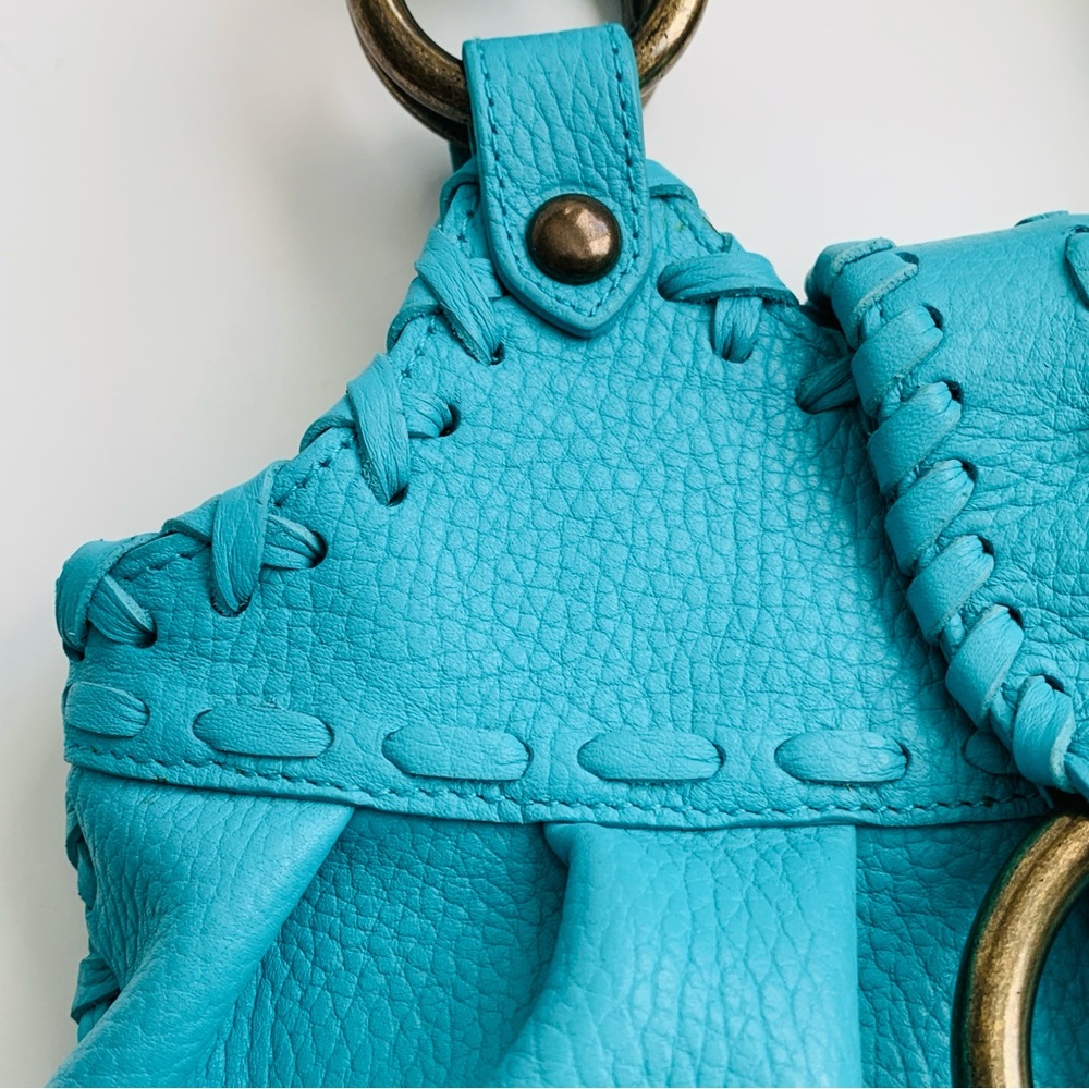 ISABELLA FIORE Turquoise Blue Leather Whip Stitch Shoulder Hobo Bag Purse - Picture 5 of 16